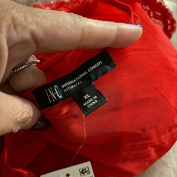INC  International Concepts Red Sheer Long-Sleeve Lace Mesh Bodysuit - Red - Picture 4 of 7